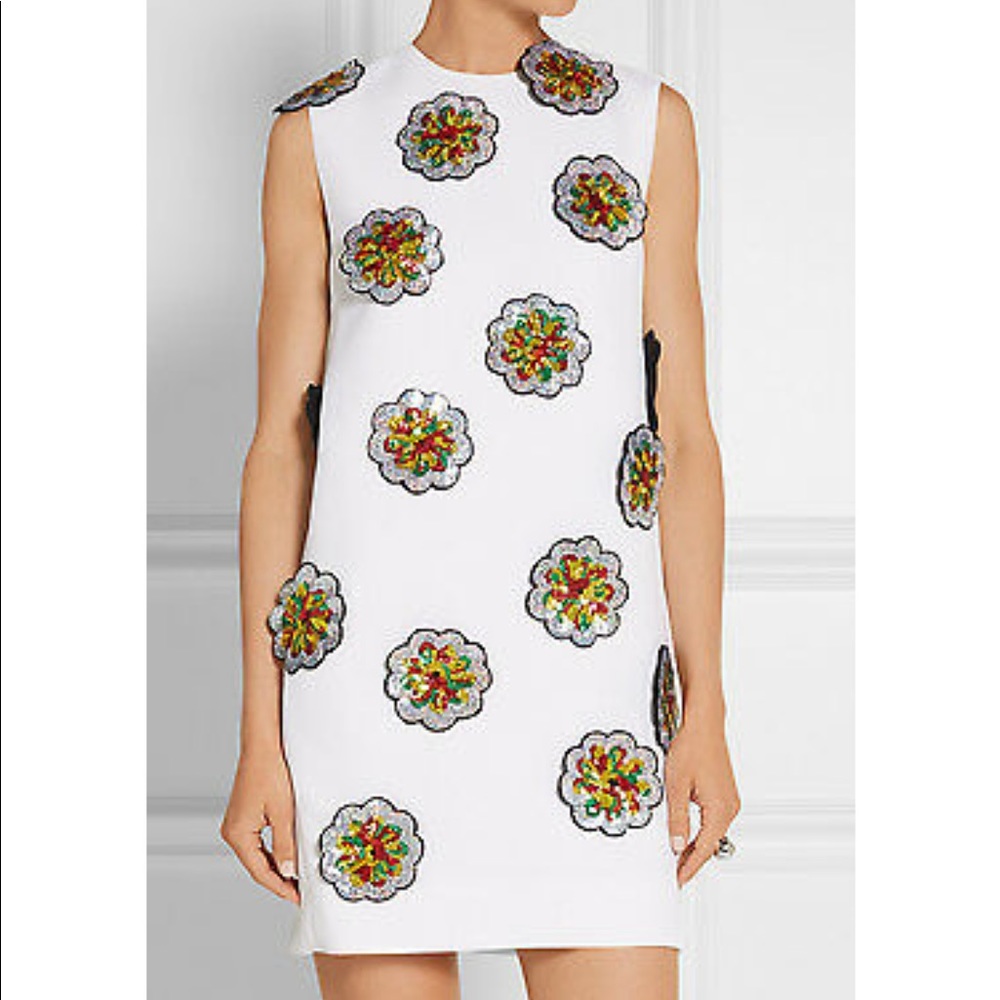 Victoria Beckham White Sequin Floral Crepe Shift Dress